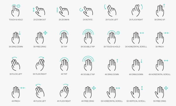 【Icon】タッチ、フリック、ドラッグなどの動作をまとめた［Free Vector Gesture Icons］を無料でダウンロード。